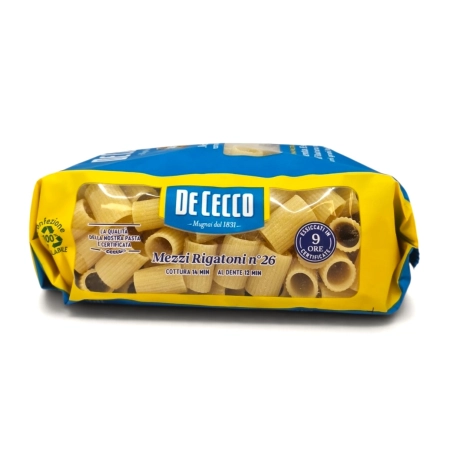 De Cecco Mezzi Rigatoni nr 26 - makaron z semoliny 500g - krótkie rurki na gęste sosy mięsne